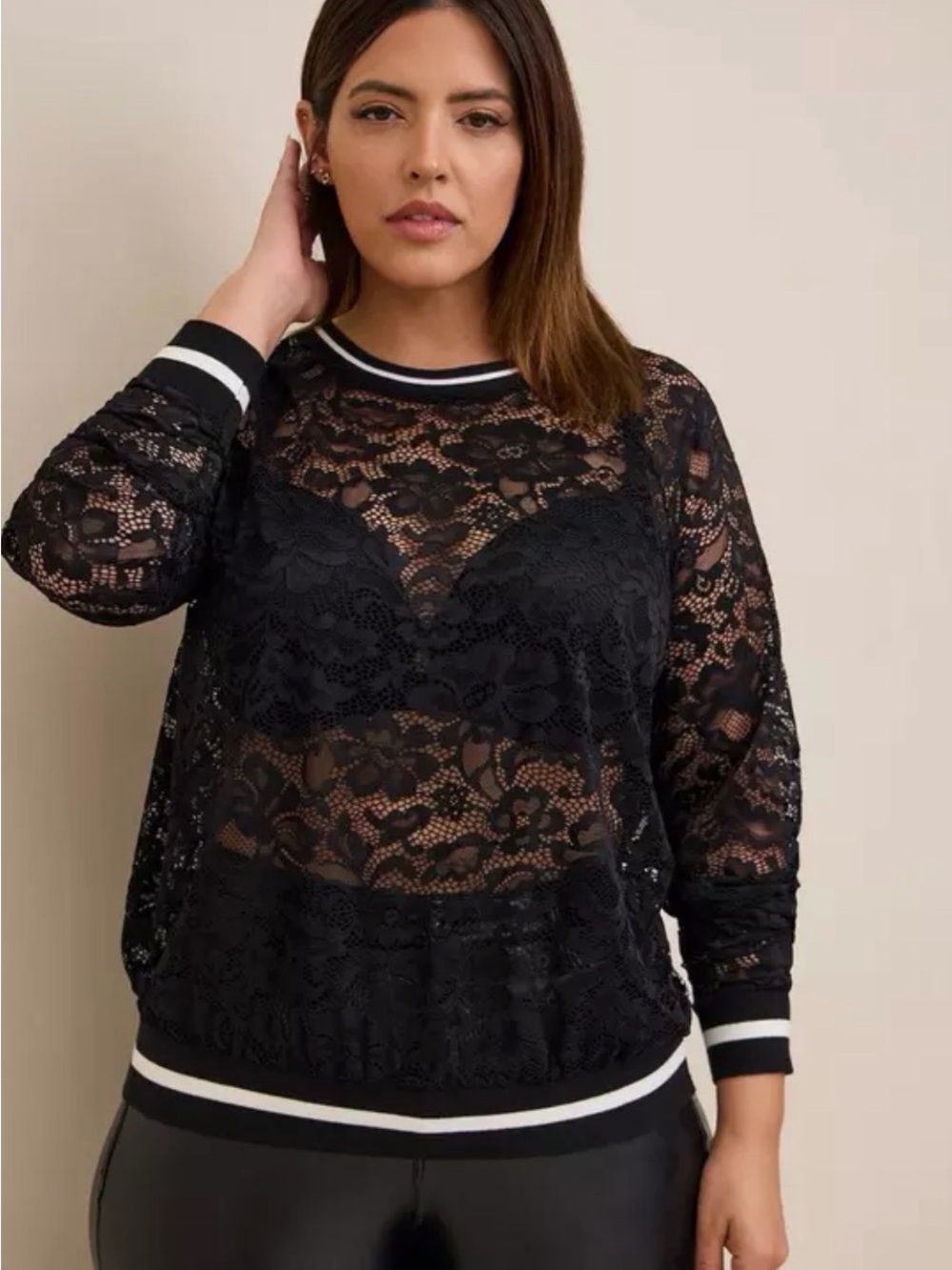 torrid Black Stretch Floral Lace Rib Trim Crew Neck Raglan Sweatshirt